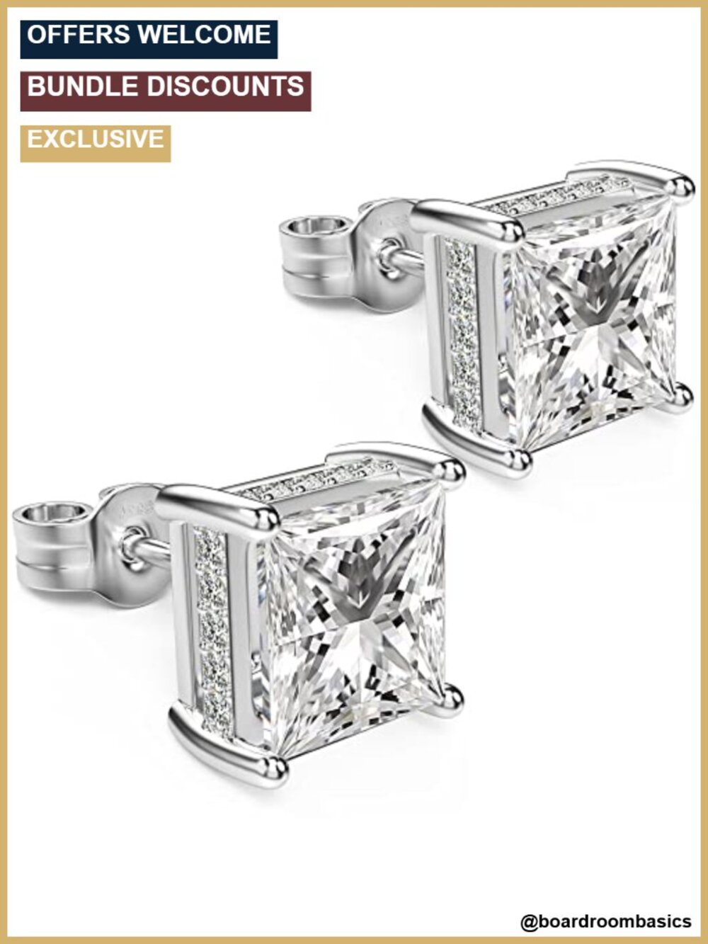 925 Sterling Silver Cubic Zirconia Stud Earrings Men Square 5A CZ